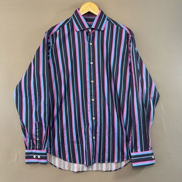 Bugatchi Uomo Men’s Long Sleeve Striped Dress Shirt Size XL Colorful 100% Cotton - Picture 1 of 11